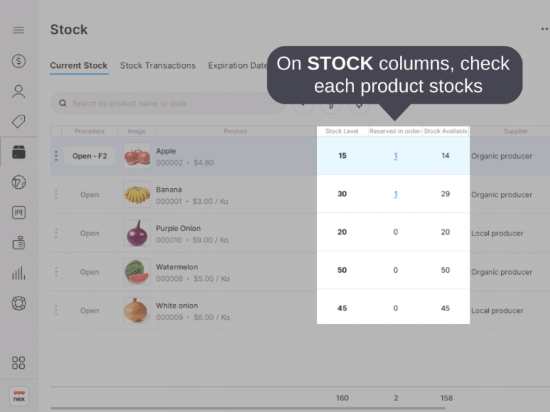 Screenshot of a stock management interface with a tooltip instructing to check the stock levels for each product.
