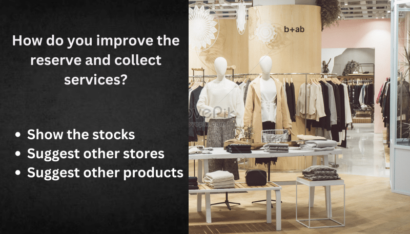 Tips to improve reserve and collect services over a clothing store background.