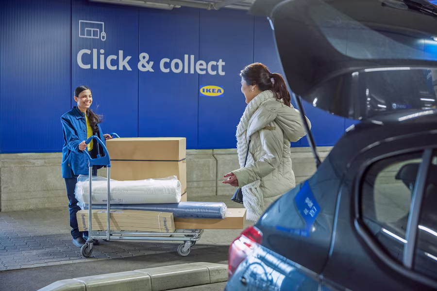 Exterior of an IKEA store with large signage.