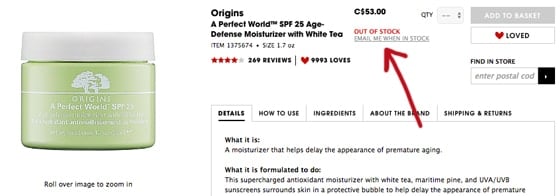 Online store page showing 'A Perfect World' SPF 25 Age-Defense Moisturizer with White Tea out of stock.