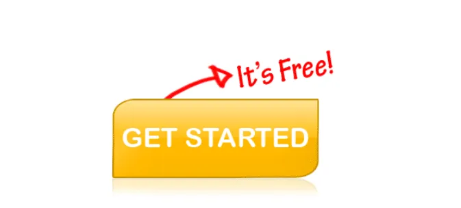 Yellow "Get Started" button with a red arrow and text saying "It's Free!" above it.