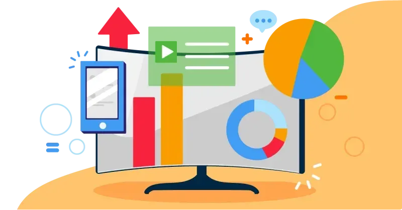 A colorful graphic depicting various digital marketing metrics and tools on a computer screen.