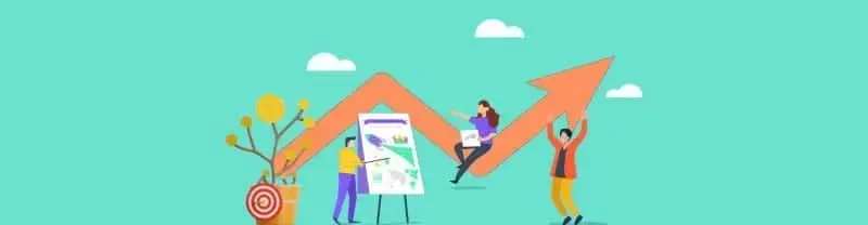 Illustration of a diverse team engaging in business growth activities with a large rising arrow, presentation charts, and financial icons, set against a mint green background.