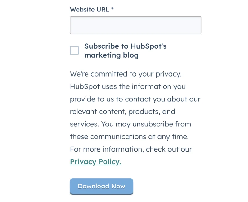 Web form for downloading content from HubSpot and privacy commitment note.