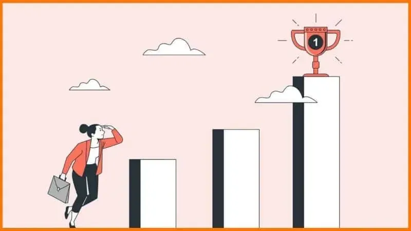 An illustration of a businesswoman looking towards a bar chart where the bars are steps leading to a trophy, symbolizing goal achievement and the challenge of climbing to success.