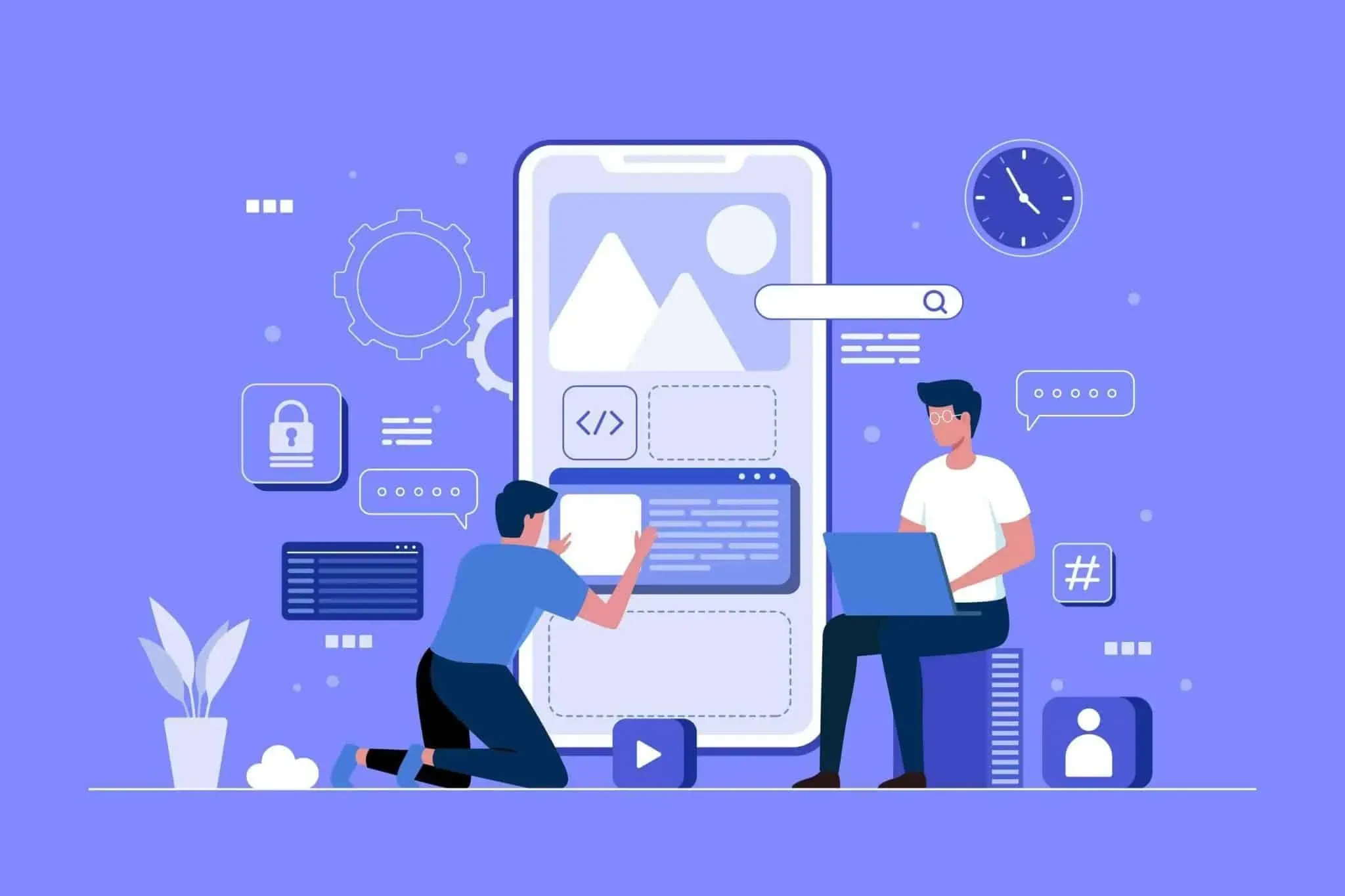 An illustration of two people working on a mobile app interface design, with one person standing and interacting with a large smartphone screen displaying wireframes, and the other sitting with a laptop, surrounded by icons symbolizing security, coding, search, and time management, all set against a purple background.