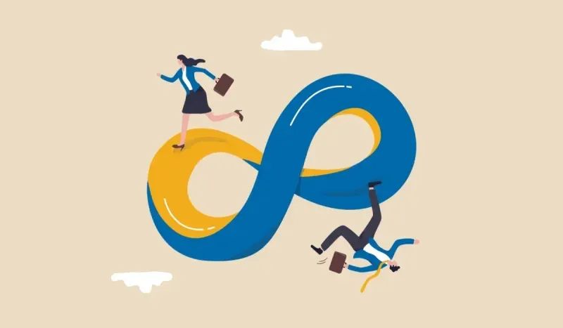 An illustration showing two people on an infinity symbol loop; one is running with a briefcase on the upward curve, while the other has fallen and is sliding down, representing the ongoing cycle of success and setback in business.
