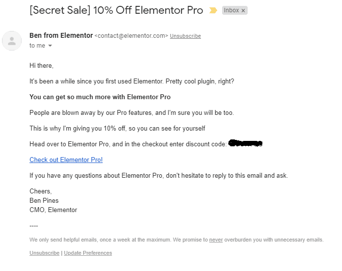 Elementor personalized sales email marketing