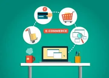 Illustration of e-commerce showing a laptop on a desk surrounded by icons for online payment, shopping cart, product delivery, and web search.