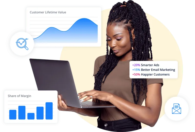 A woman using a laptop with graphs around it.