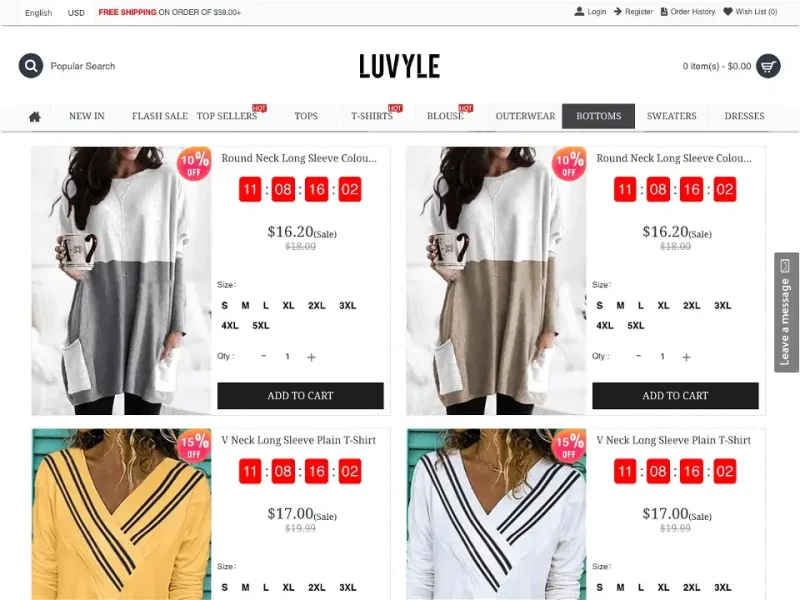 Online shopping page on Luvyle showing discounted women's clothing items.