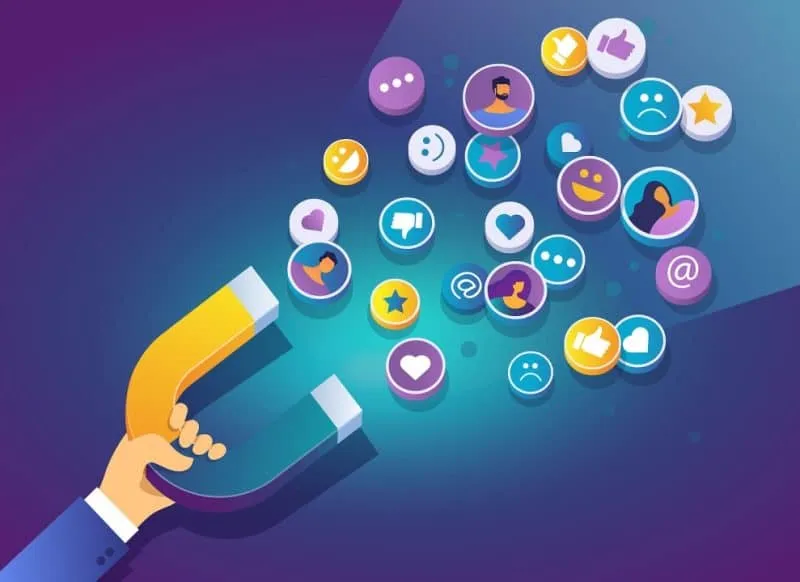 Illustration of a magnet attracting various social media and communication icons, symbolizing engagement and outreach.