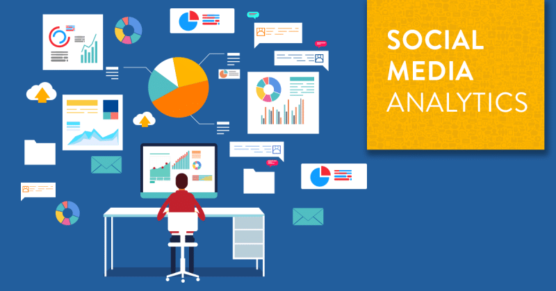 Graphic depicting a person at a desk analyzing social media metrics with multiple charts and graphs surrounding them, labeled 'Social Media Analytics