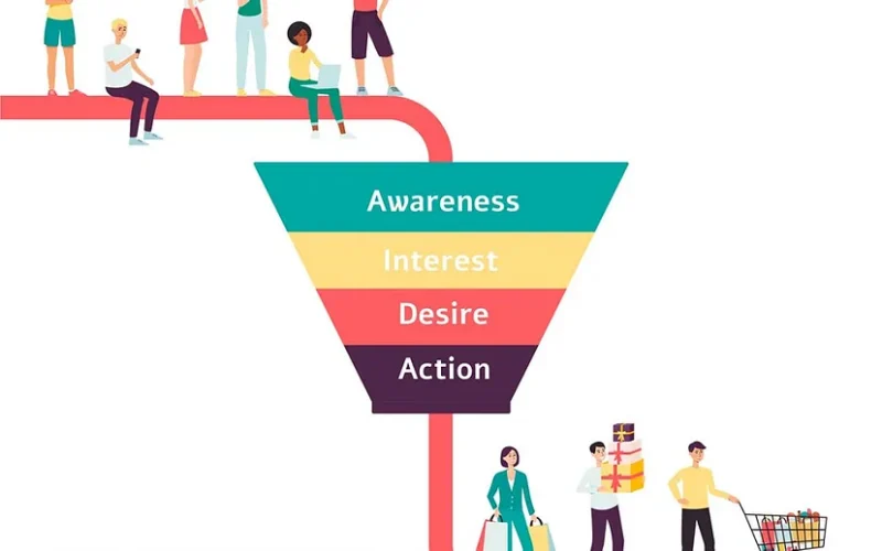 Illustration showing a funnel labeled from top to bottom with 'Awareness', 'Interest', 'Desire', 'Action', and people interacting along a pathway that leads through the funnel stages.