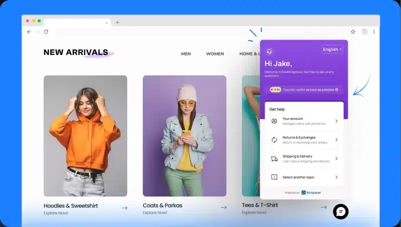 Online shopping site with new arrivals and live chat support interface.