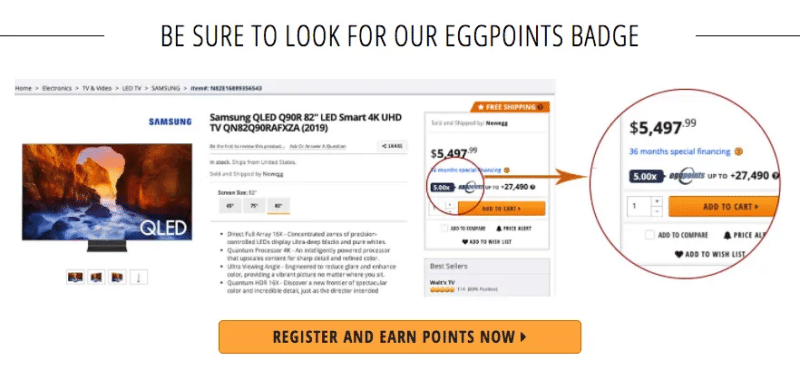 Samsung QLED TV product page highlighting Eggpoints badge and registration for rewards.