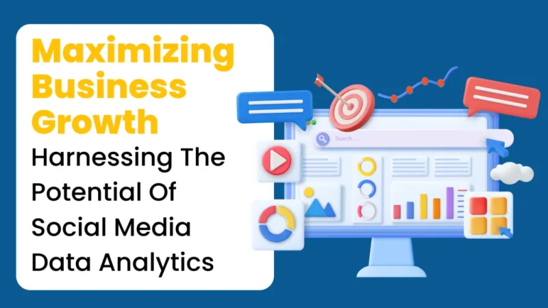 Graphic of a computer display showing charts and social media elements with text 'Maximizing Business Growth: Harnessing The Potential Of Social Media Data Analytics