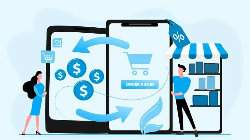 Illustration of e-commerce repeat purchase process with mobile shopping and order again feature.