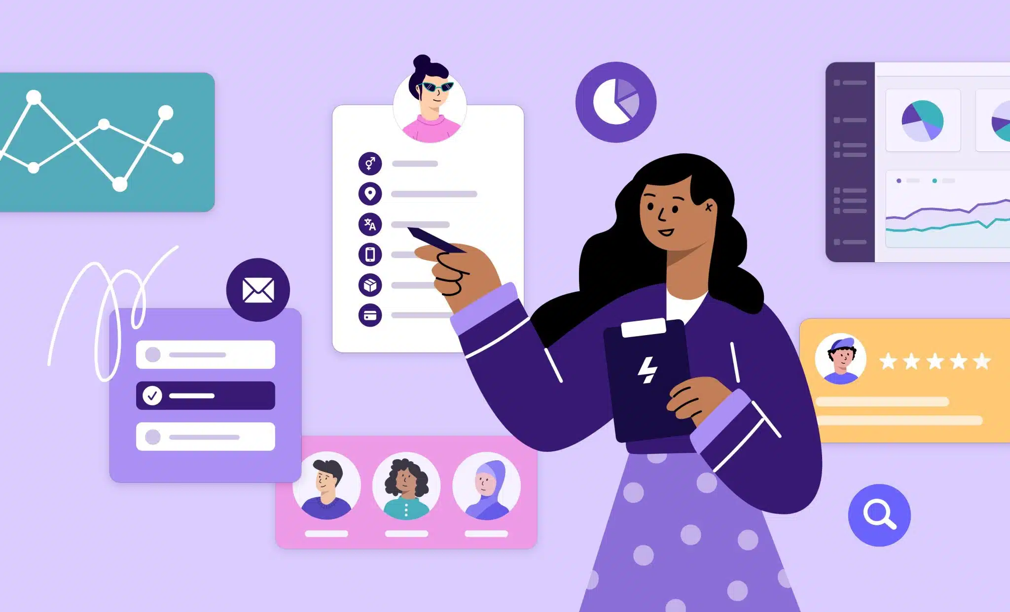 Illustration of a woman analyzing data with various charts, graphs, and profile icons in the background.