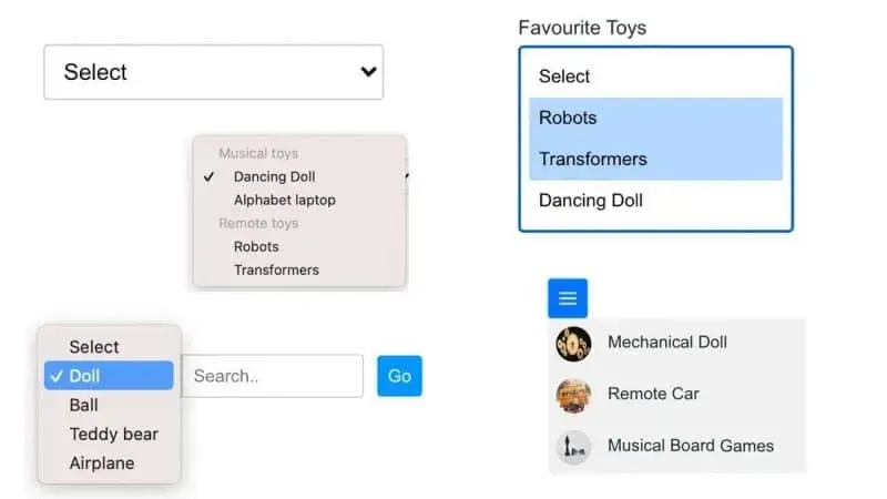 Various UI elements displaying dropdown menus for toy selections.