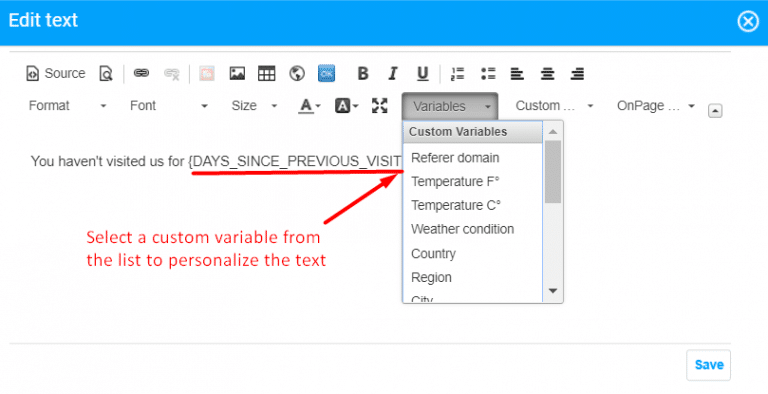 Edit text screen showing the selection of a custom variable to personalize the text.