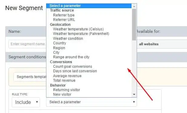 New segment setup screen showing various parameters for segmentation, including traffic source, geolocation, conversions, and behavior.