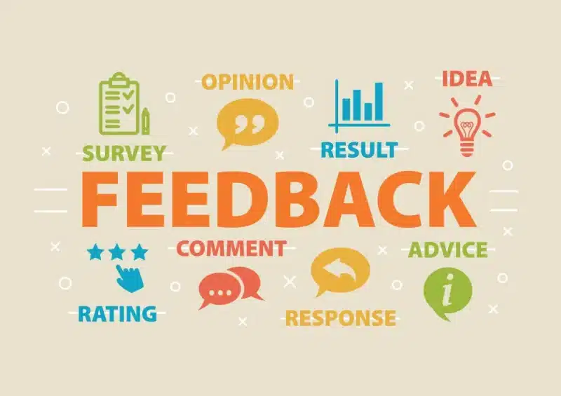 Colorful graphic with the word 'FEEDBACK' surrounded by icons and words like 'survey', 'opinion', 'idea', and 'rating'.