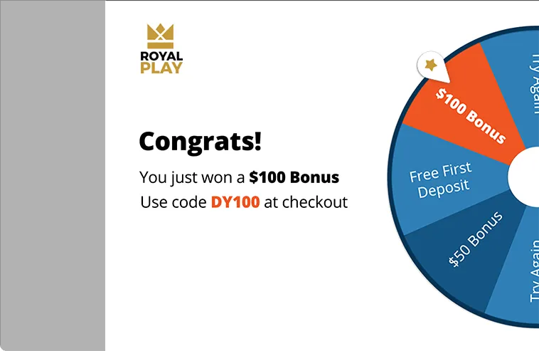 Royal Play winning notification with $100 bonus and promo code DY100."