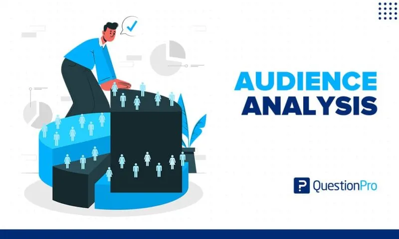 Illustration of a person analyzing audience data represented by segmented groups of people on a chart, with the title 'Audience Analysis' and QuestionPro branding.