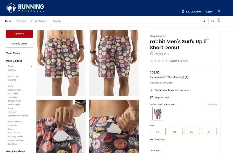 Running Warehouse product page for 'rabbit Men's Surfs Up 6" Short Donut'