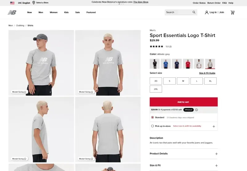 New Balance product page for Men's Sport Essentials Logo T-Shirt.
