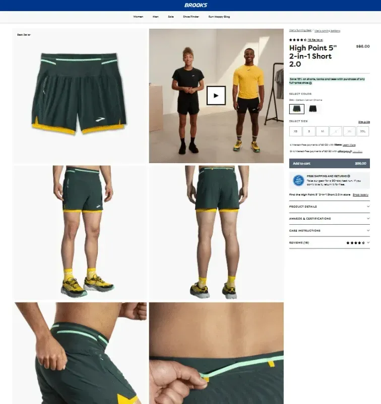Brooks website product page for Men's High Point 5" 2-in-1 Shorts in green.