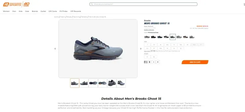 Road Runner Sports product page for Men's Brooks Ghost 15 running shoes.