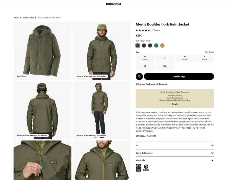 Patagonia website product page featuring the Men's Boulder Fork Rain Jacket in various views.