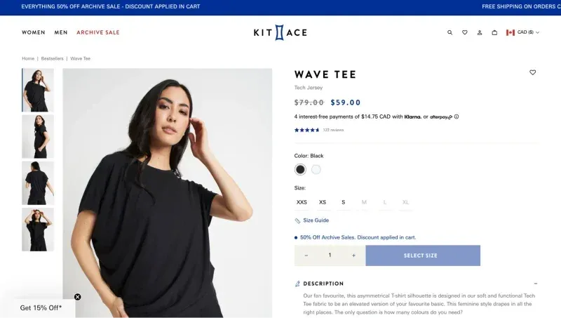 E-commerce website displaying a woman modeling a black 'Wave Tee' on Kit and Ace's online store.