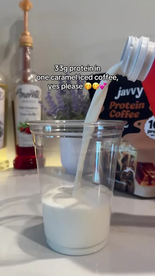 javvycoffee.com ad: 33g protein in one caramel iced coffee, yes please