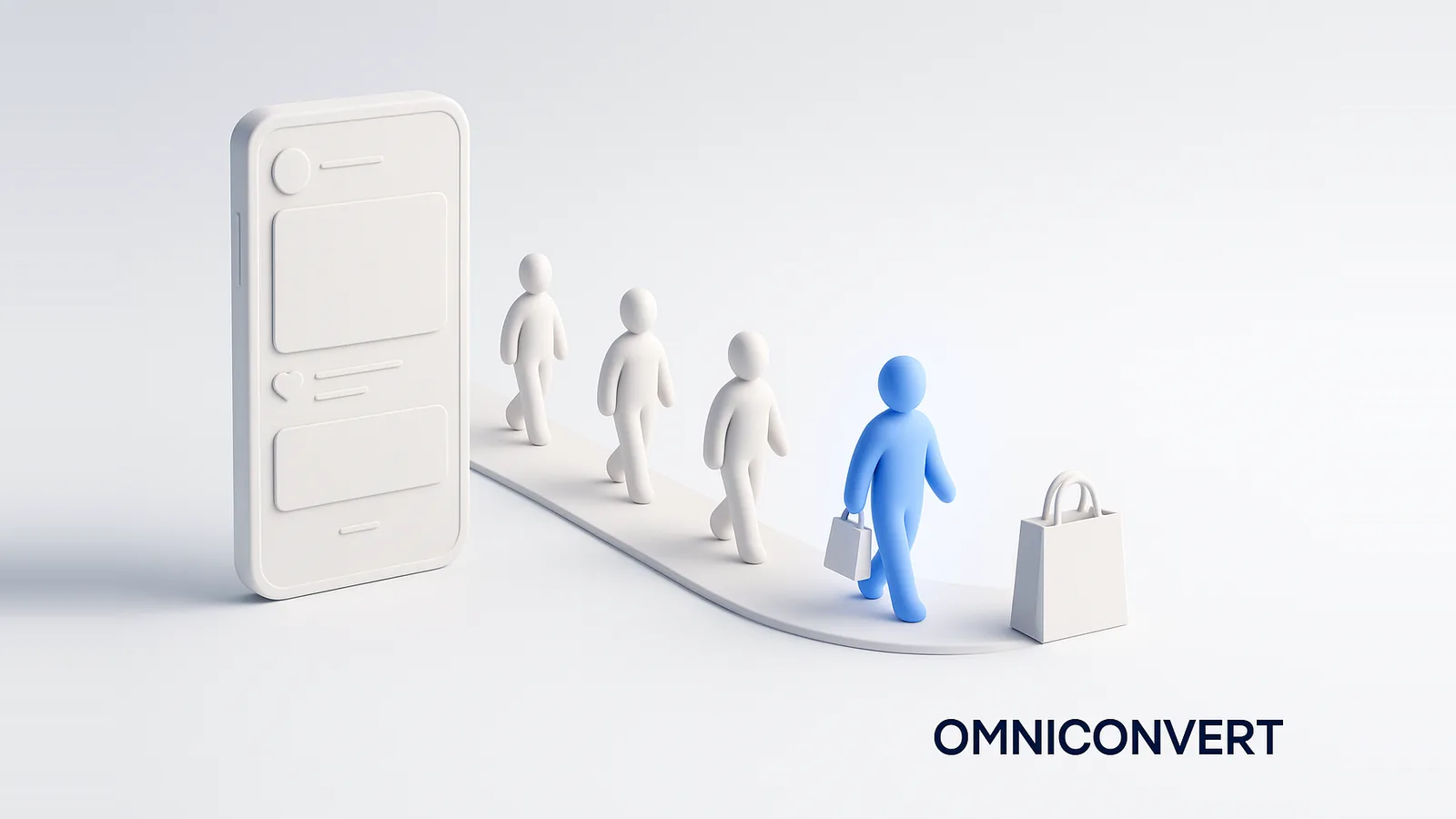 Converting followers into customers: social media followers moving along a path from a social post to a purchase, with one follower becoming a buyer