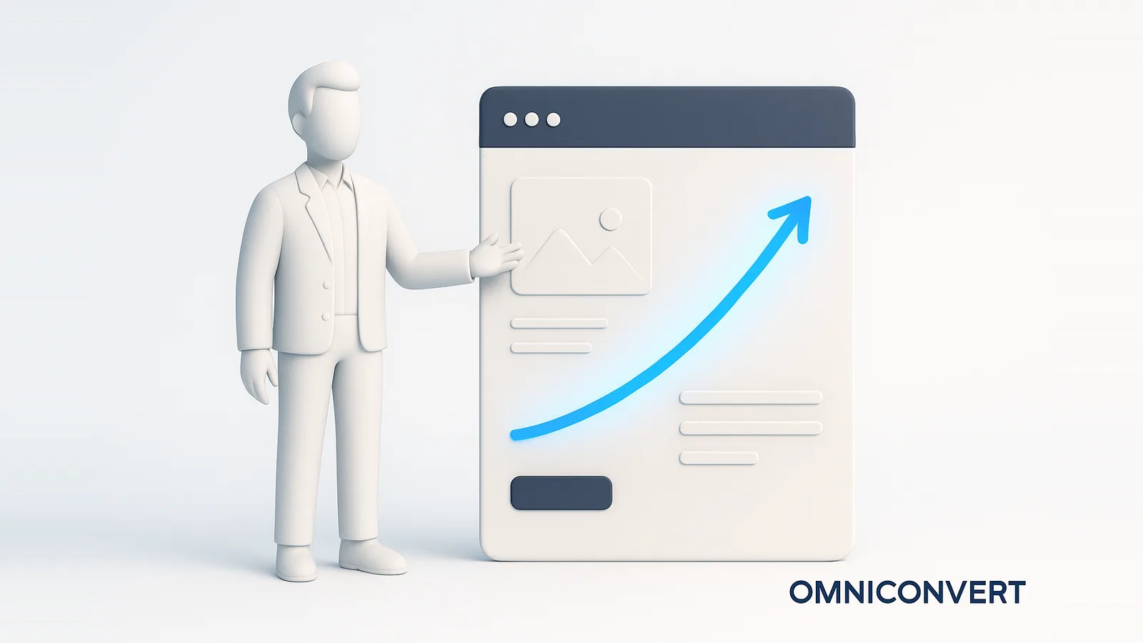 A CRO specialist figure beside a web page showing a rising blue conversion result, the optimization a specialist delivers