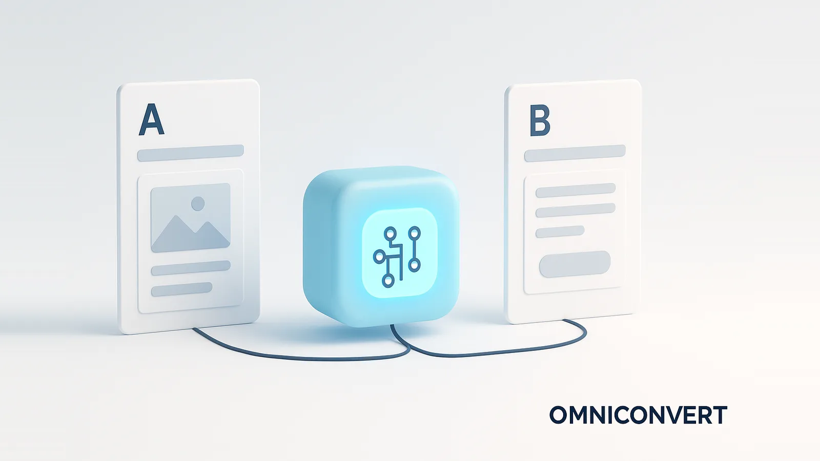 AI A/B testing: two web page variants A and B with a glowing blue AI core directing traffic to the winning variant in real time