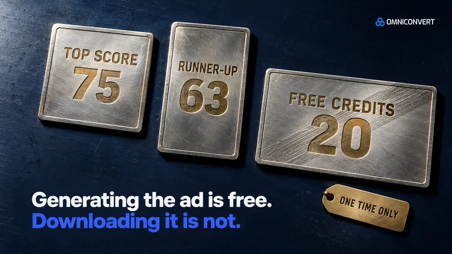 An overhead flat-lay on dark navy of brushed-metal ad plates, three foil-stamped with the top score 75, the runner-up 63 and 20 one-time free credits, one plate pressed with a watermark ridge.