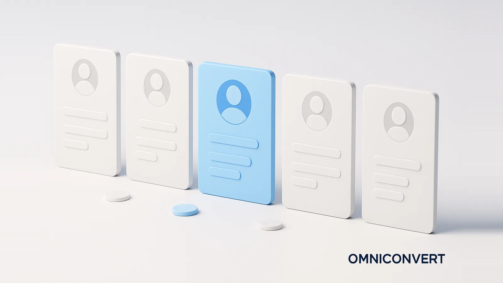 Buyer persona examples: a row of several distinct customer persona profile cards, each with an avatar and info bars, one card glowing blue as the highlighted persona