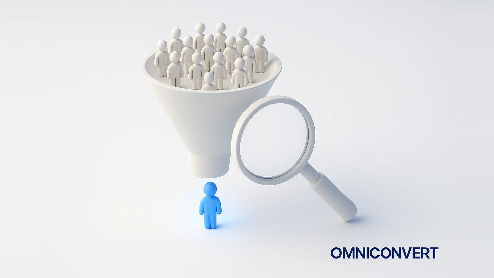 Conversion rate analysis: a magnifying glass examining a funnel of figures narrowing to one glowing blue converted figure