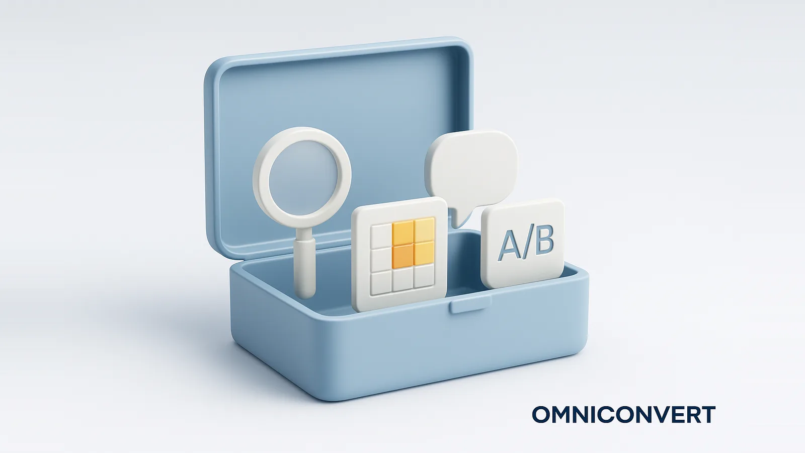 CRO audit tools: a glowing blue all-in-one toolbox holding several distinct audit instruments, a magnifier, a heatmap grid, a survey bubble, and an A/B tile