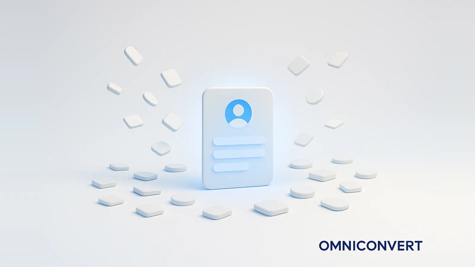 Benefits of collecting customer data: scattered matte data tiles converging into one customer profile card glowing blue