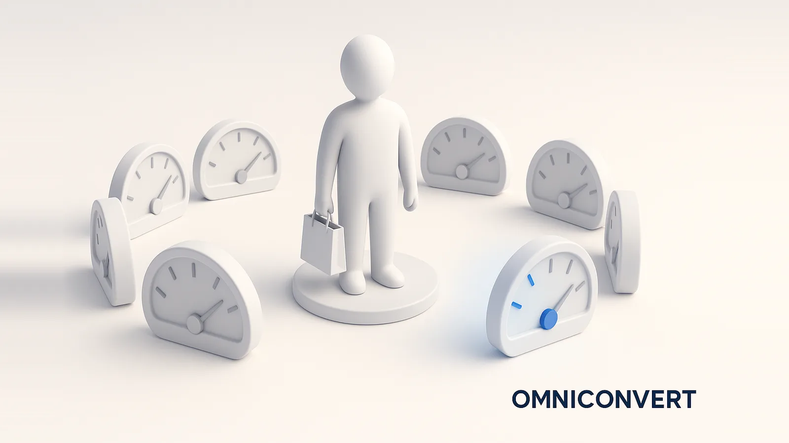 Customer loyalty metrics: a loyal customer figure at the center with seven small metric dials around them, one glowing blue, tracking how likely they are to stay and buy again