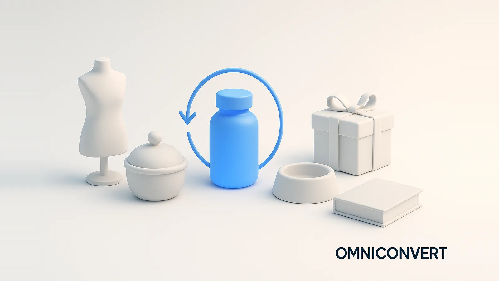 eCommerce business ideas: a group of distinct matte product objects, one glowing blue with a circular returning-customer loop around it