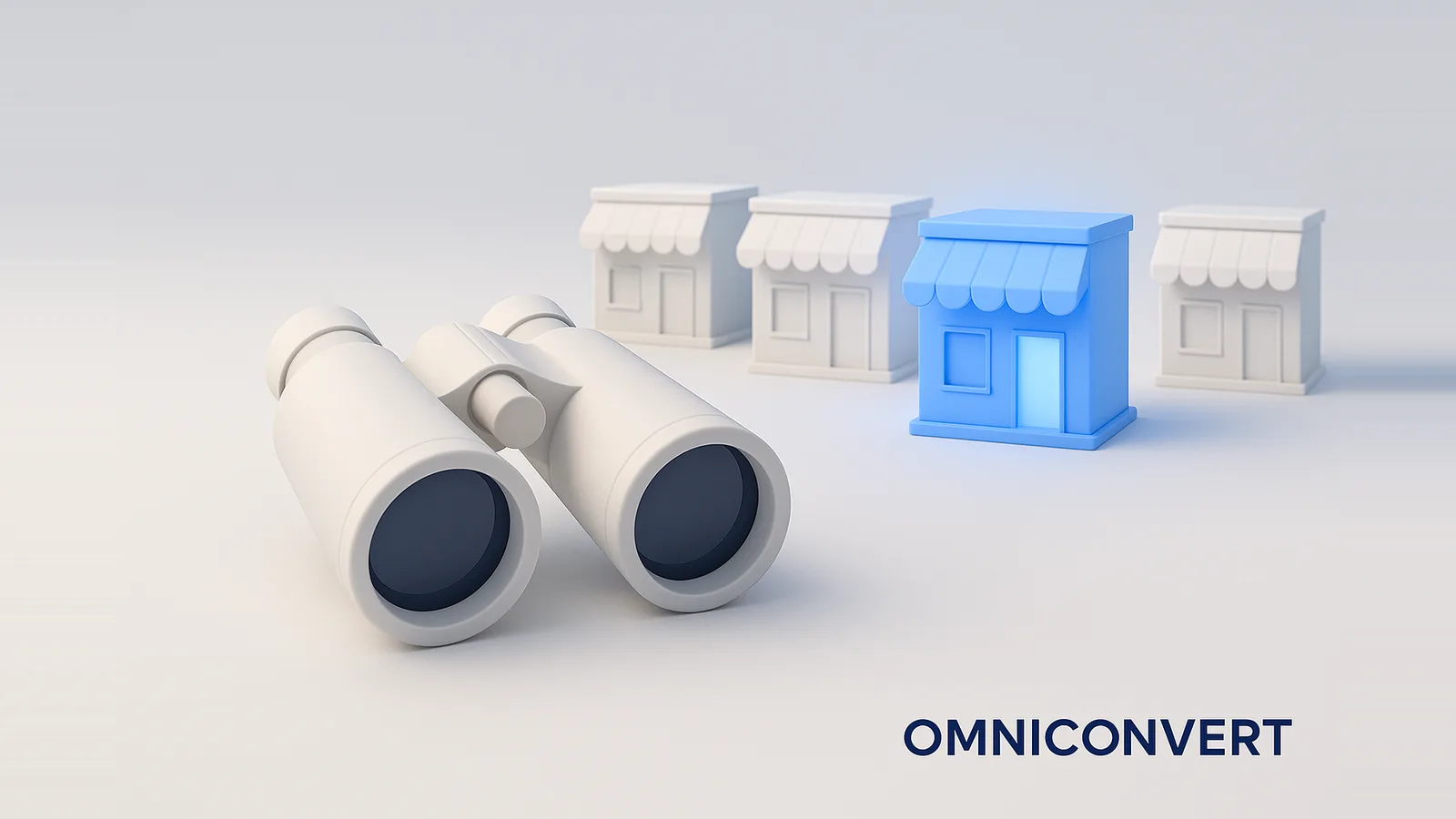 eCommerce competitive analysis: a pair of binoculars scouting a row of competitor storefronts, with your own store highlighted in blue