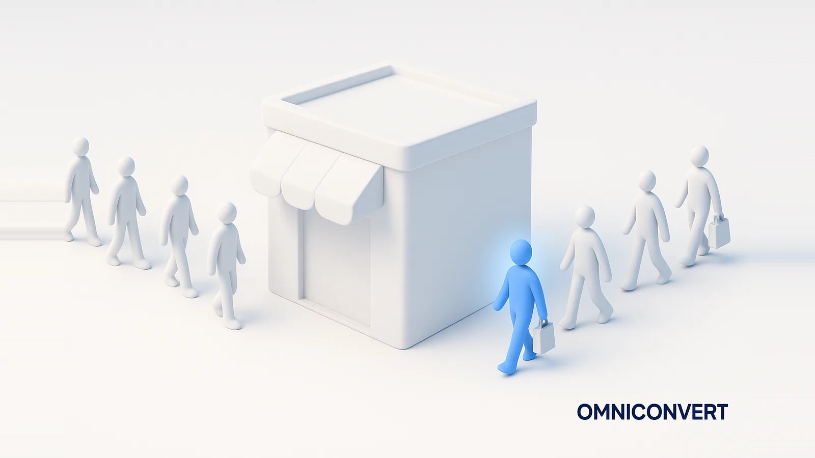 eCommerce CRO: a storefront funnel where more faceless shoppers complete the purchase, one conversion path glowing Omniconvert blue