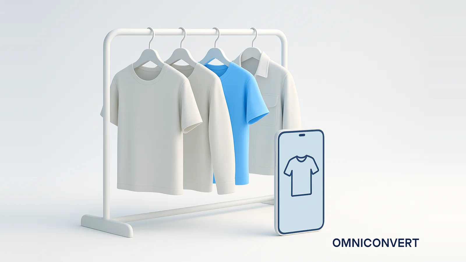 Fashion eCommerce industry: a clothes rail of hanging garments with one highlighted in blue and a smartphone showing online apparel shopping