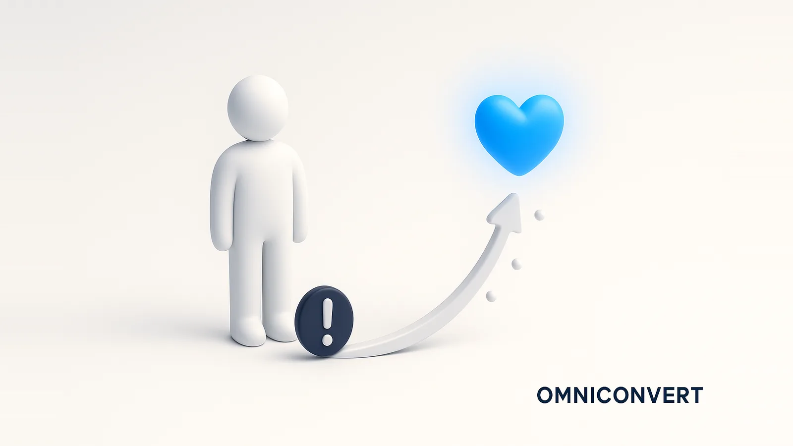 Managing customer complaints: a faceless figure with a navy complaint mark transforming upward into a single glowing blue heart of restored loyalty